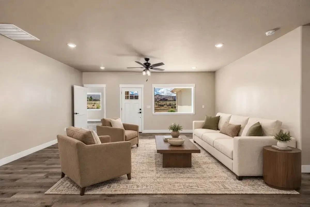 Digitally staged illustration of a living room with virtual furniture
